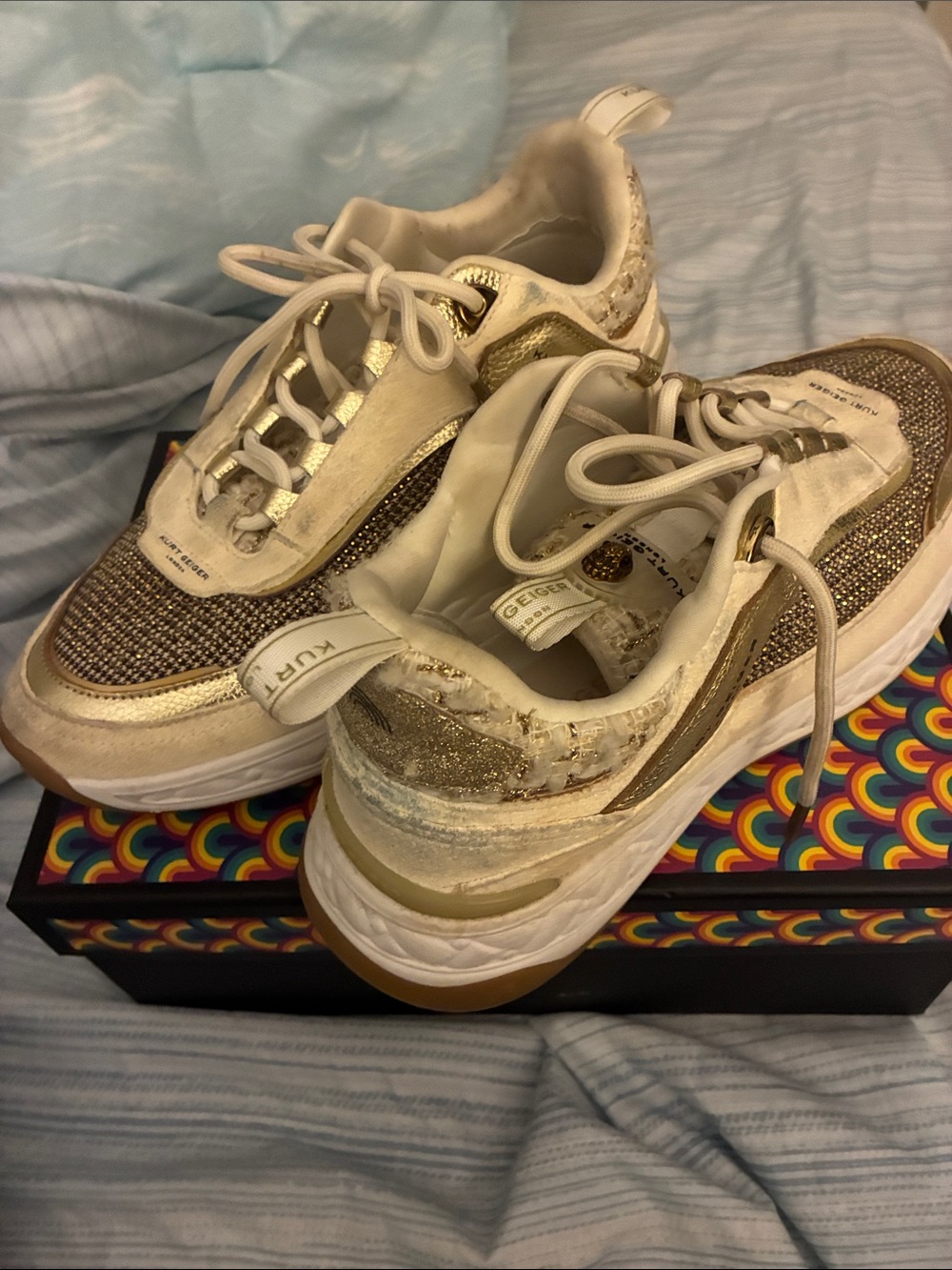 Kurt Geiger Gold and White Platform Sneakers